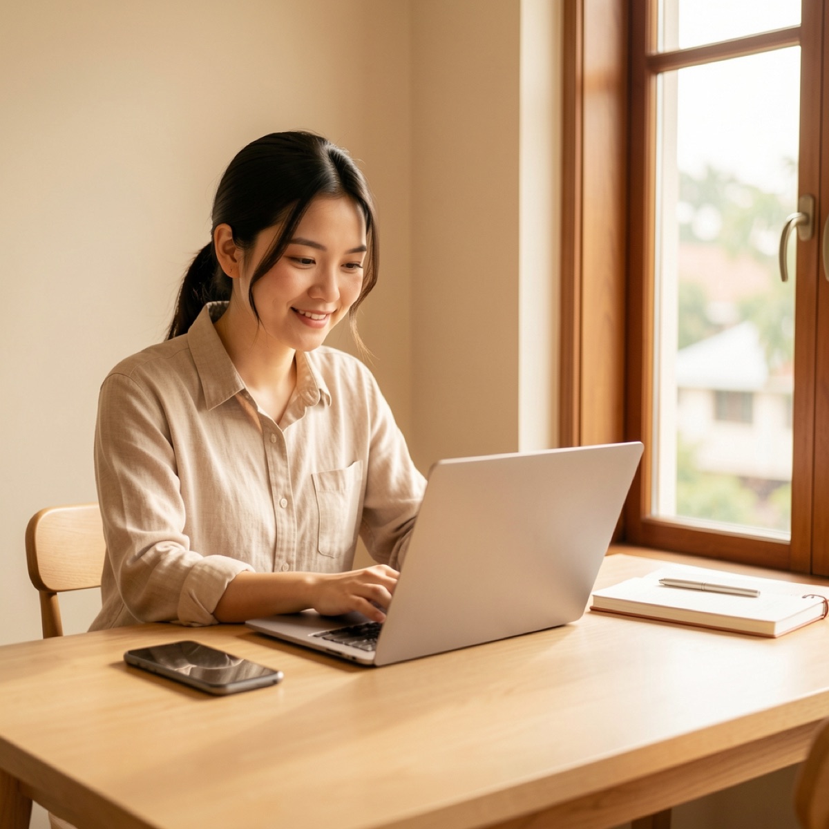 Người phụ nữ làm việc với laptop bên cửa sổ