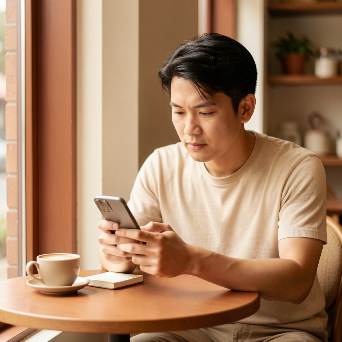 Người đọc nội dung trên điện thoại trong quán