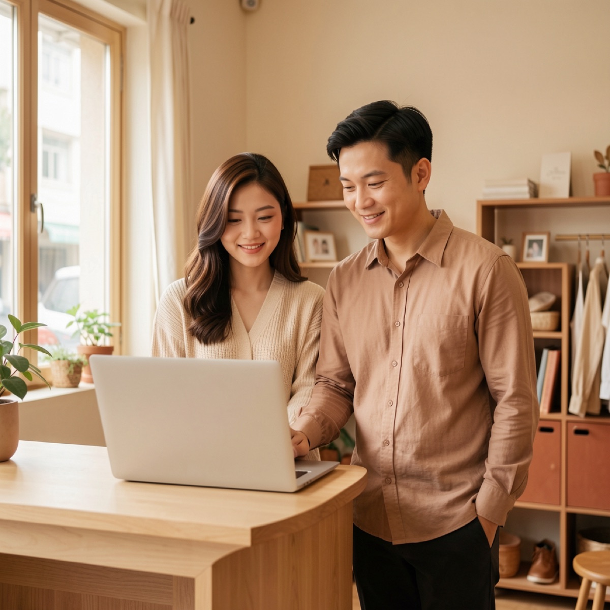 Hai đồng nghiệp cùng xem laptop